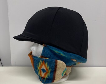 WINTER RIDING COVER for Your Helmet, Cap, Hat in  Black Stretch Velvet with a Aztec Random Print Fleece Attached Neck Wrap