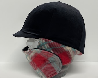 WINTER RIDING COVER for Your Helmet, Hat, Cap in Black Velvet With Attached Gray/Red  Print Fleece Neck Wrap