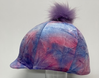 Blue, Pink and Purple Mix Velvet RIDING Helmet COVER, with a Sewn on Purple Faux Fur Pom Pom