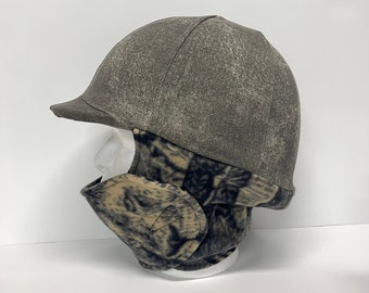 WINTER RIDING COVER for Your Helmet, Hat, Cap in Brown Fleck Top with Attached Fleece Neck Wrap in Brown/Black Animal Print