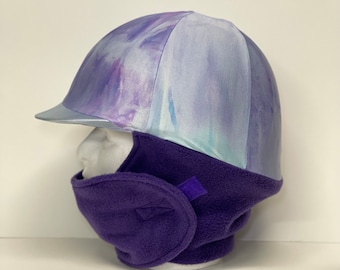WINTER RIDING COVER in Purple and Blue Print Lycra With Attached Purple Fleece Neck Wrap for your riding helmet