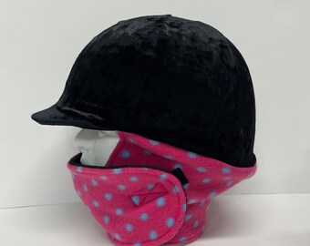 WINTER RIDING COVER in Black Crushed Stretch Velvet With Attached Pink Fushcia Dot Print Fleece Neck Wrap for your riding helmet