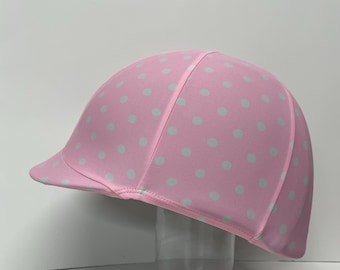Horse RIDING COVER In Pink and White Dot Print Lycra for your riding helmet