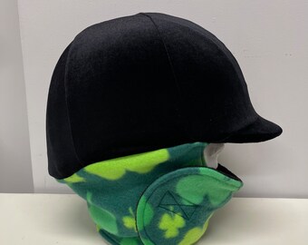 WINTER RIDING COVER for Your Helmet, Hat, Cap in Black Velvet With Attached Clover Print Fleece Neck Wrap