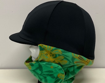 WINTER RIDING COVER for Your Helmet, Hat, Cap in Black Stretch with Attached Green/Gold Print Fleece Neck Wrap