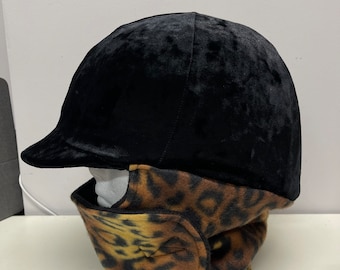 WINTER RIDING COVER for Your Helmet, Hat, Cap  in Black Crushed Velvet With Attached Cheetah Print Fleece Neck Wrap