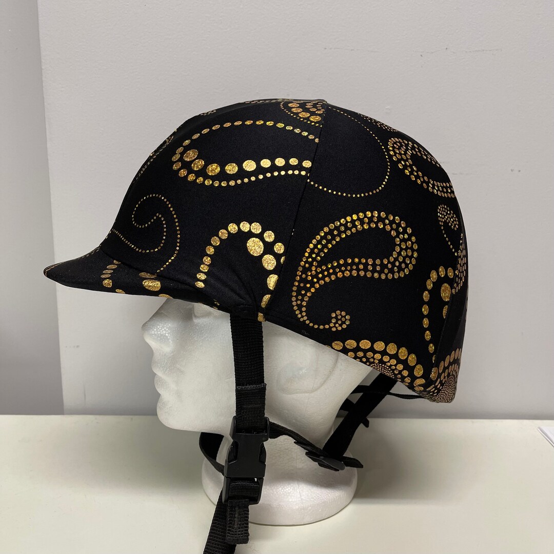 HORSE Riding HELMET COVER in Black With Foil Gold Print Lycra Etsy