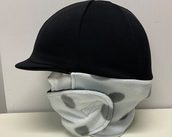 WINTER RIDING COVER for Your Helmet, Hat, Cap in Black Stretch with Attached Fleece Neck Wrap in Gray Dot Print
