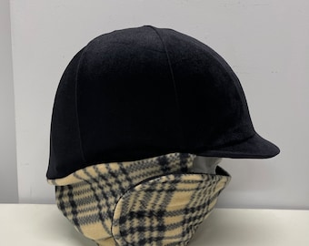 WINTER RIDING COVER for Your Helmet, Hat, Cap in Black Velvet with a Baker Style Plaid Print Fleece Attached Neck Wrap