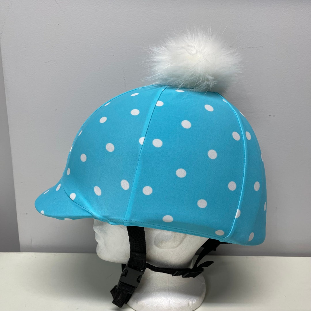 Pom Pom Horse RIDING Helmet/hat COVER in Blue/white Dot Print Lycra
