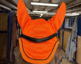 Choose Your Size HORSE BONNET, in Bright Orange Mesh with Orange and Black Trim