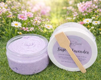 Sage & Lavender Foaming Whipped Sugar Scrub, Exfoliating Body Scrub, Creamy Sugar Scrub, Herbal Scent, Vegan Skincare