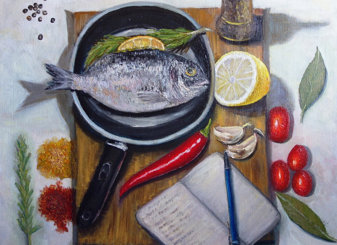 Fish Cooking Oil Painting Original Art Still Life Food Artwork Etsy