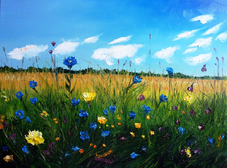 Flower Meadow Painting Original Oil Landscape Artwork Floral Etsy