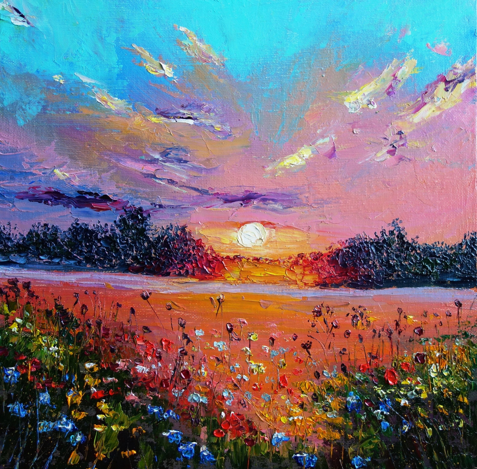 Wildflower Painting Original Oil Landscape Artwork Sunrise Etsy