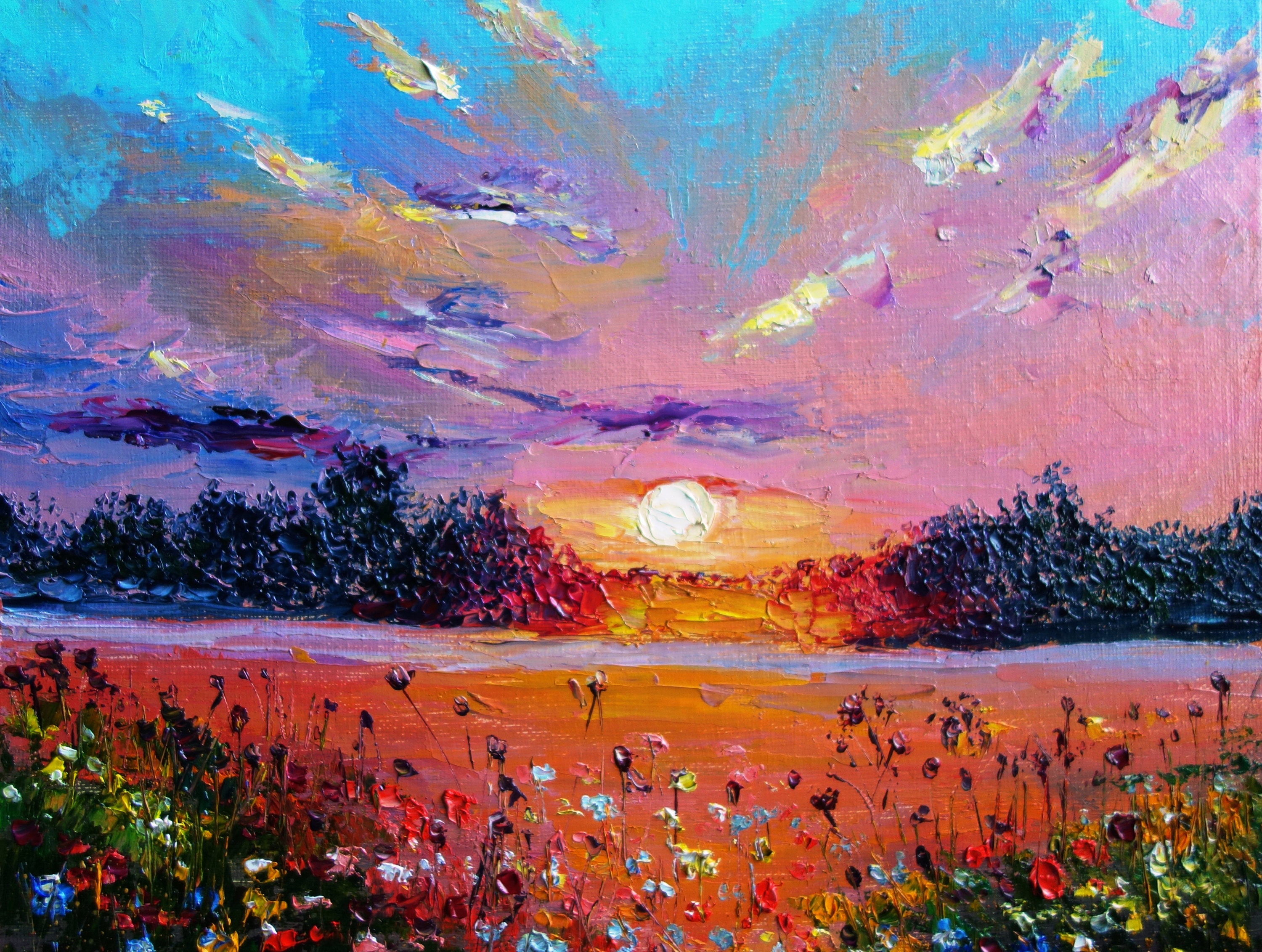 Wildflower Painting Original Oil Landscape Artwork Sunrise | Etsy