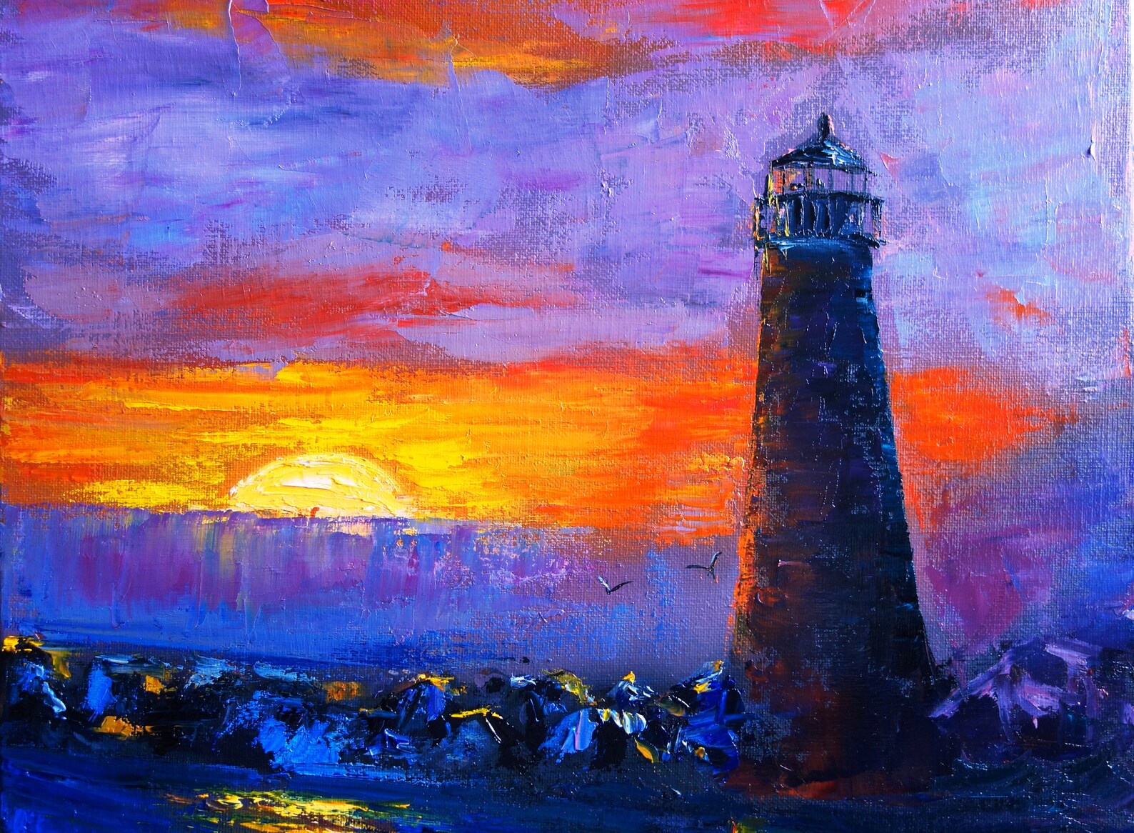 Lighthouse Painting Oil Original Art Sunset Artwork Seascape Etsy
