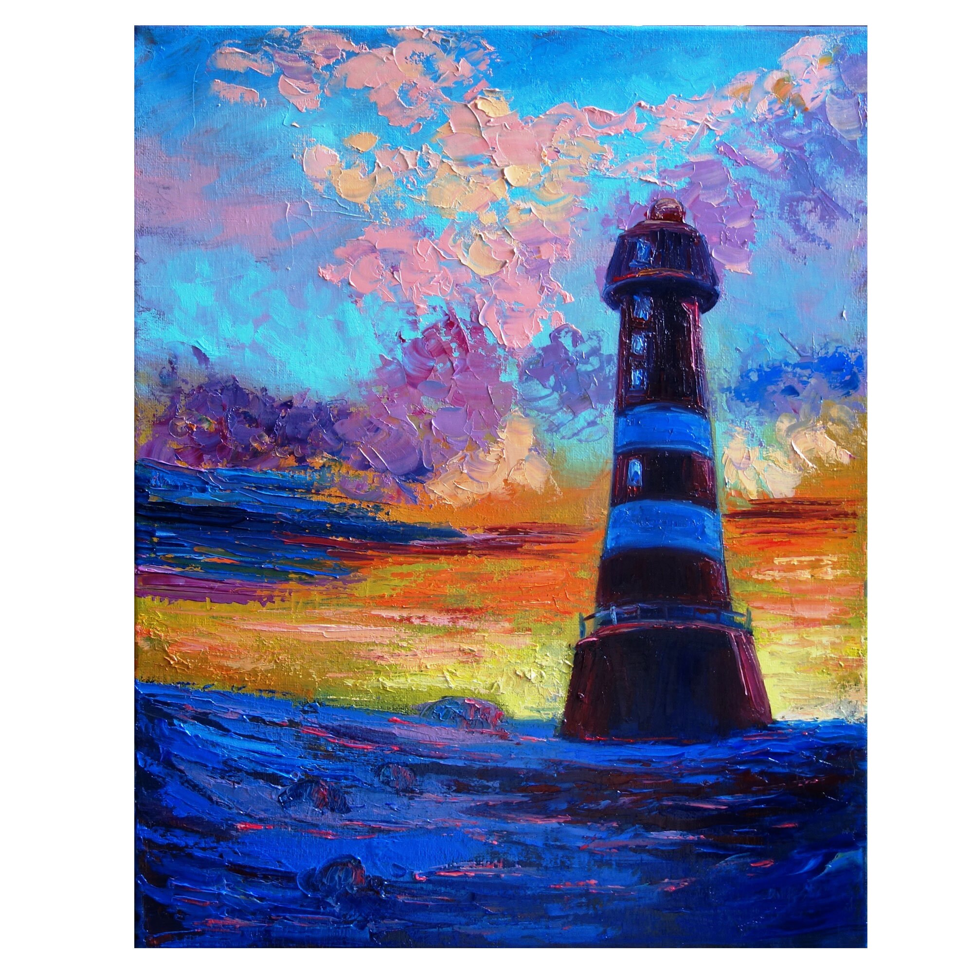 Lighthouse Oil Painting Original Art Seascape Artwork Impasto Etsy