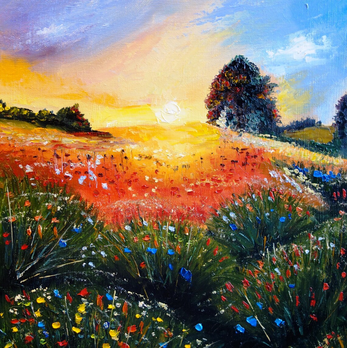 Flower Meadow Oil Painting Original Art Sunset Artwork Etsy