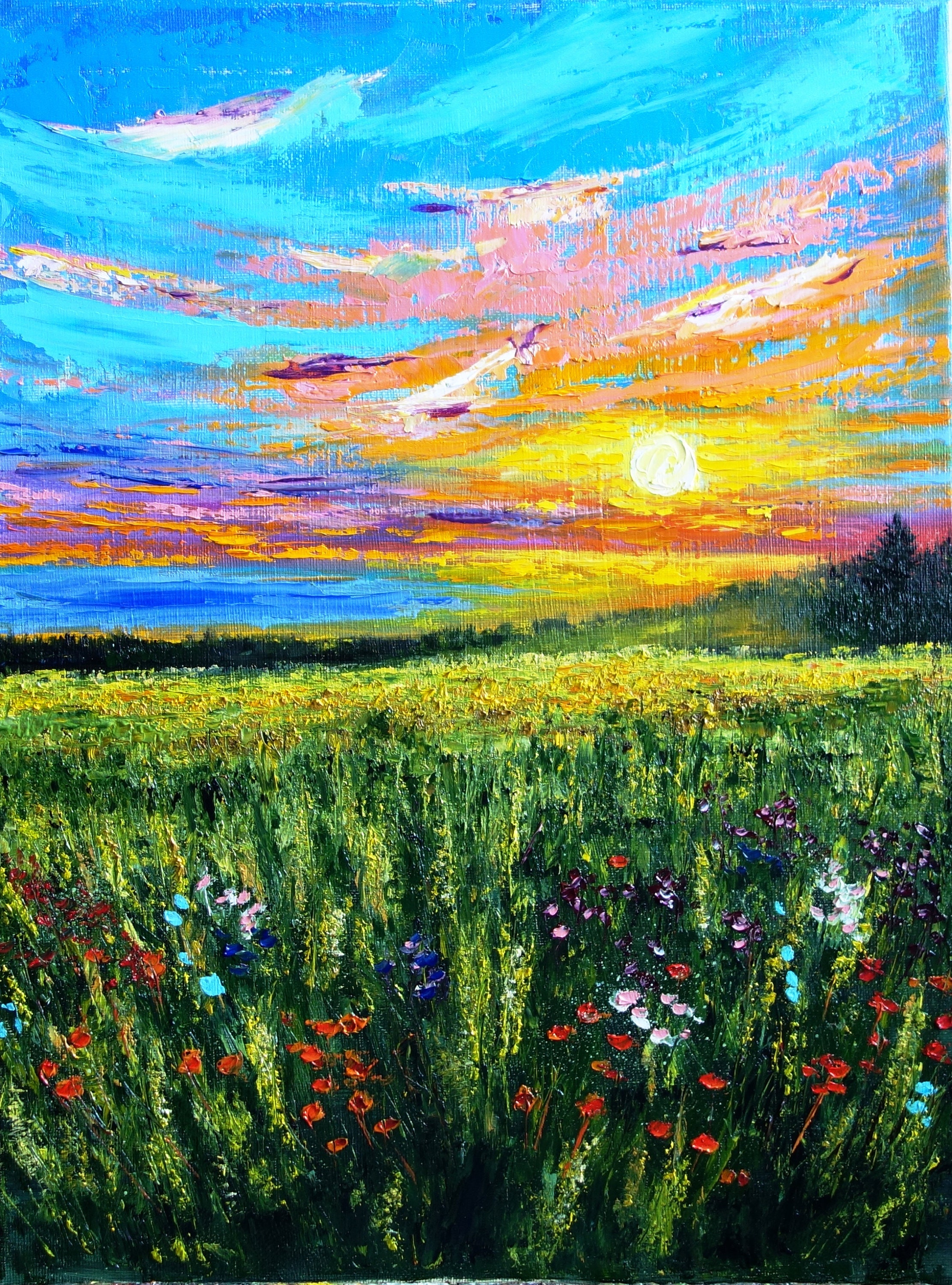 Flower Meadow Painting Original Oil Landscape Artwork Floral Etsy