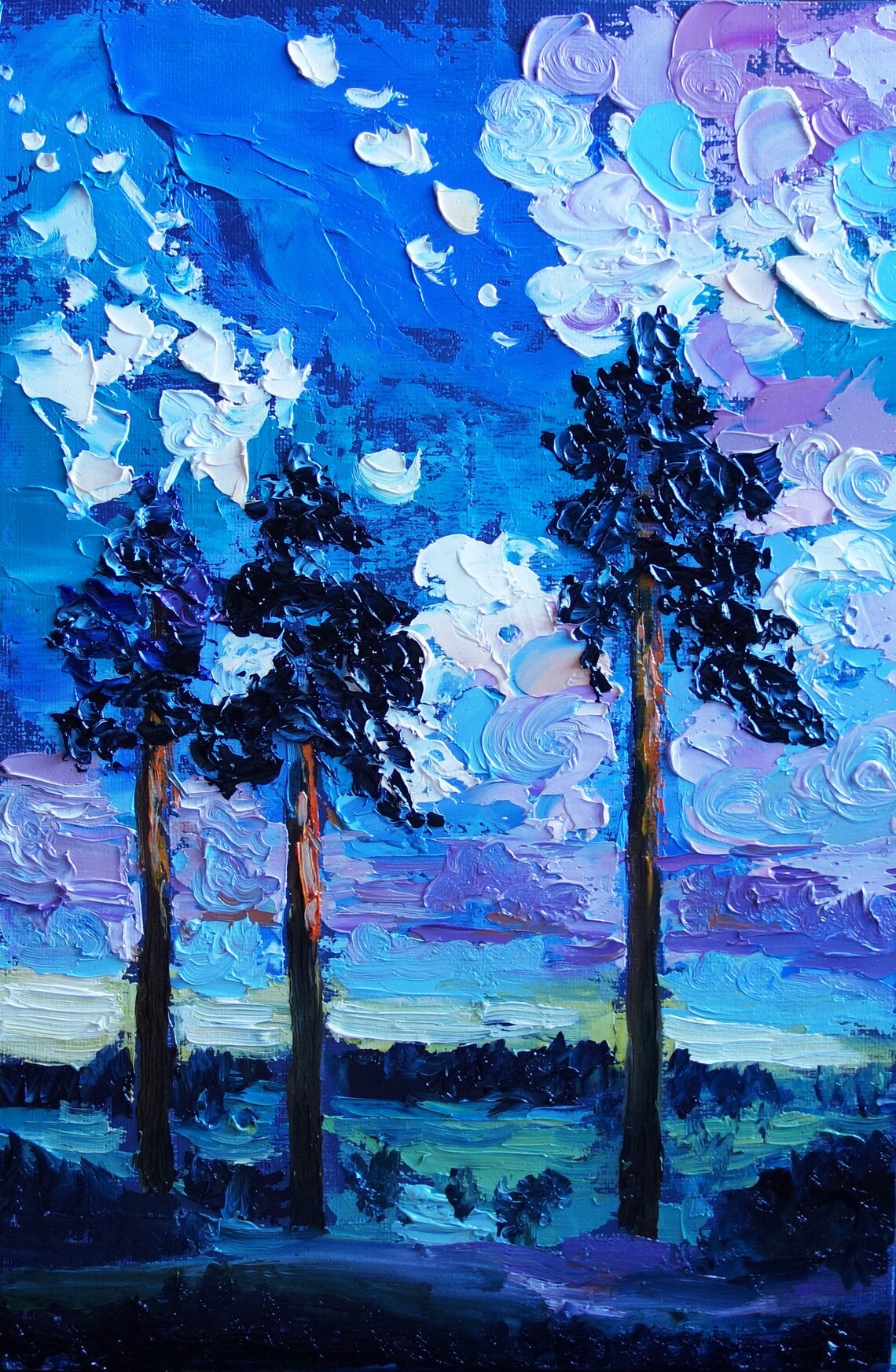 Pine Trees Oil Painting Original Art Abstract Artwork Etsy