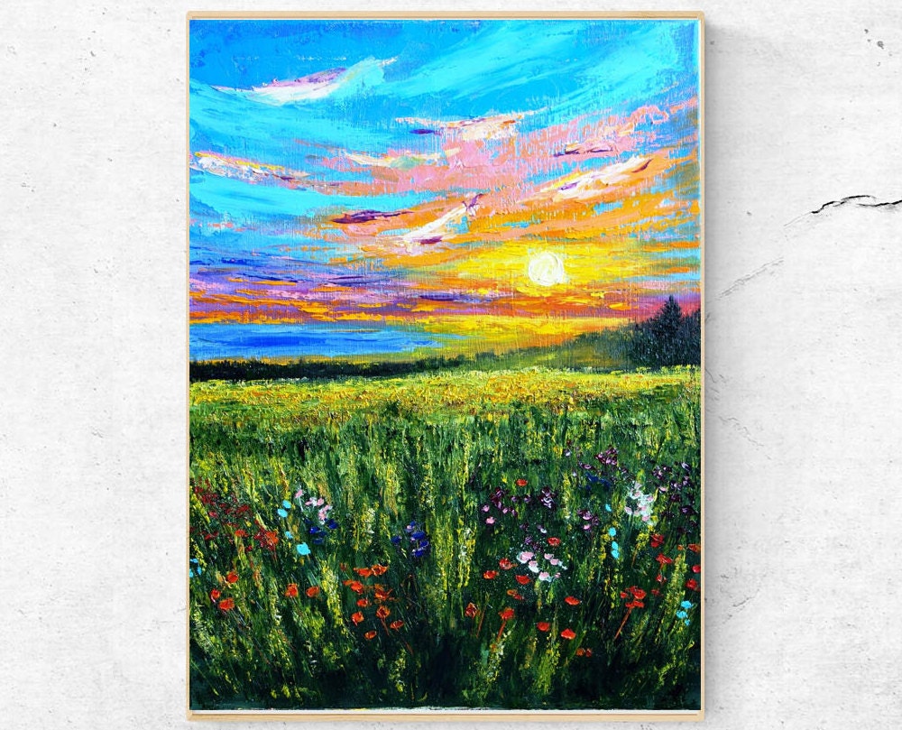 Flower Meadow Painting Original Oil Landscape Artwork Floral | Etsy