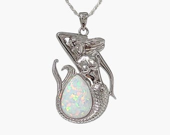 Collar de sirena con ópalo blanco, impresionante plata de ley