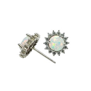 White Opal 6mm Stud Earrings with White Sapphire Accents  Sterling Silver