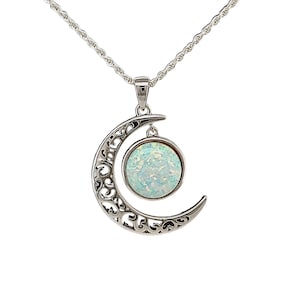 White Opal 10mm Half Moon Necklace. 16 or 18" Long .925 Sterling Silver. (Watch Video)