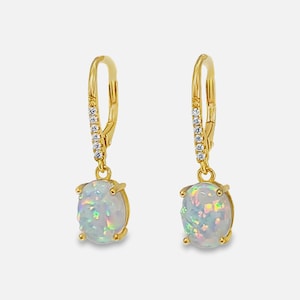 White Opal Lever-back Dangle Earrings with White Sapphire Accents, 14KT Gold Over Sterling Silver