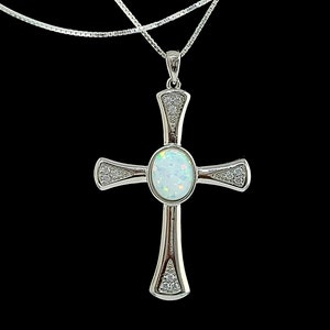 White Opal Cross With White Sapphire Accents.  .925 Sterling Silver