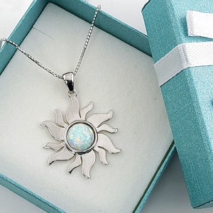 White Opal Sun Burst Necklace. 16 or 18" Long .925 Sterling Silver.