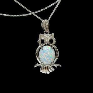 White Opal Owl Necklace With Black Onyx Eyes. 16 or 18" Long .925 Sterling Silver