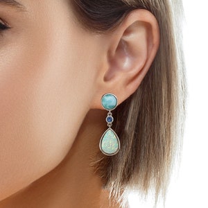White Opal 10X14mm Pear Shape With 8mm Larimar Studs Earrings .925 Sterling Silver