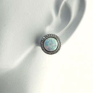 White Opal 8mm Stud Earrings with White Sapphire Accents.  Sterling Silver