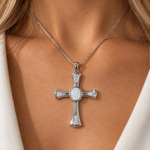 White Opal Cross With White Sapphire Accents.  .925 Sterling Silver