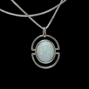 White Opal 12X10mm Oval Necklace. 16 or 18&quot; Long .925 Sterling Silver.