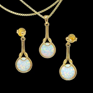White Opal Earrings And Necklace Set. 14KT Gold Over .925 Sterling Silver. (Vermeil)