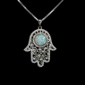 White Opal Stunning Hamsa Necklace With White Sapphire Accents .925 Sterling Silver.