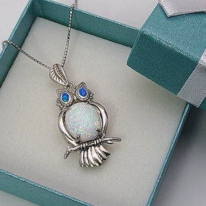 White Opal Owl Necklace With Blue Opal Eyes. 16 or 18" Long .925 Sterling Silver