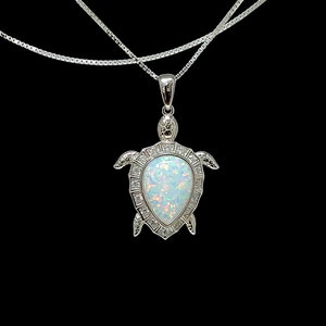 White Opal Sea Turtle Necklace With White Sapphire Accents. 925 Sterling Silver