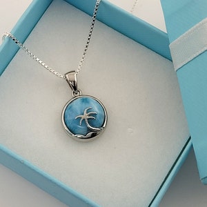 Larimar Palm Tree Necklace. 16 or 18&quot; Long .925 Sterling Silver.