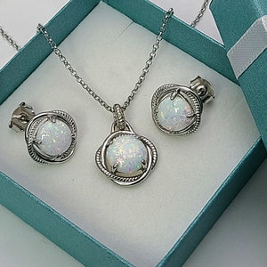 White Opal Infinity Necklace And Earrings Set  .925 Sterling Silver.