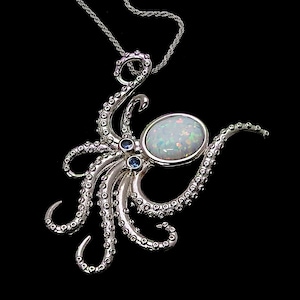 White Opal Large Octopus Necklace With Blue Topaz Eyes. 16, 18 Or 20&quot; Long .925 Sterling Silver