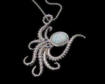White Opal Large Octopus Necklace With Blue Topaz Eyes. 16, 18 Or 20" Long .925 Sterling Silver