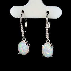 White Opal Lever-back Dangle Earrings with White Sapphire Accents,  Sterling Silver