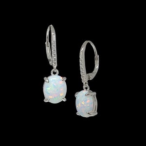 White Opal Lever-back Dangle Earrings with White Sapphire Accents,  Sterling Silver