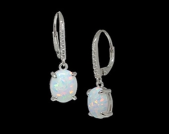 White Opal Lever-back Dangle Earrings with White Sapphire Accents,  Sterling Silver