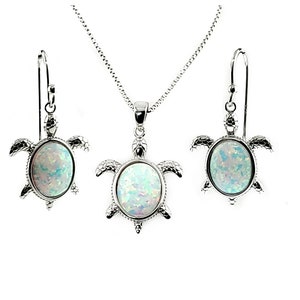 White Opal Sea Turtle Earrings And Necklace Set .925 Sterling Silver