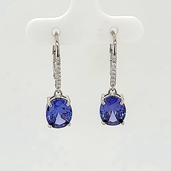 Tanzanite Lever-back Dangle Earrings with White Sapphire Accents,  Sterling Silver